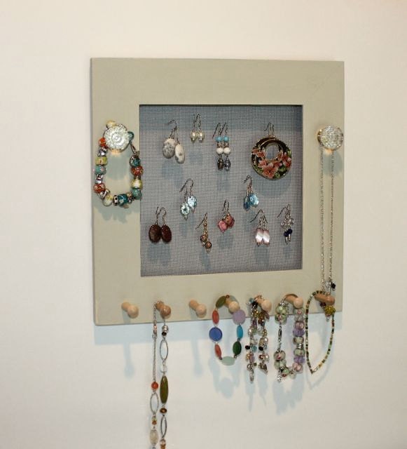 Jewelry Holder Organizer for Earrings, Bracelets, Necklaces Wall Mount Wood Frame.