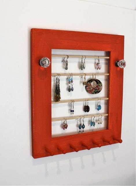 Jewelry Holder Organize Earrings, Necklaces and Bracelets Earring Wall Mounted Wooden Frame.