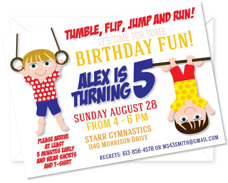 Customized and Printable Gymnastics Birthday Party Invitation