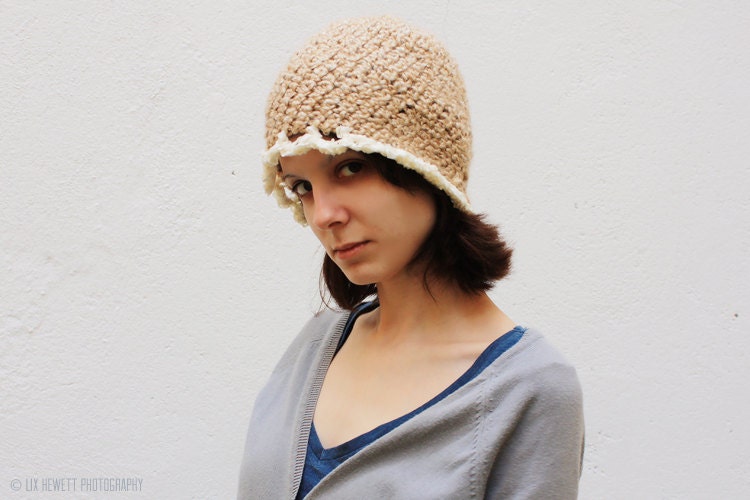 Handmade Chunky Cloche in Beige- sized for pre-teen to adult