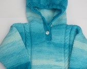 Baby hooded sweater, handknit, shades of blue, cable front, easycare