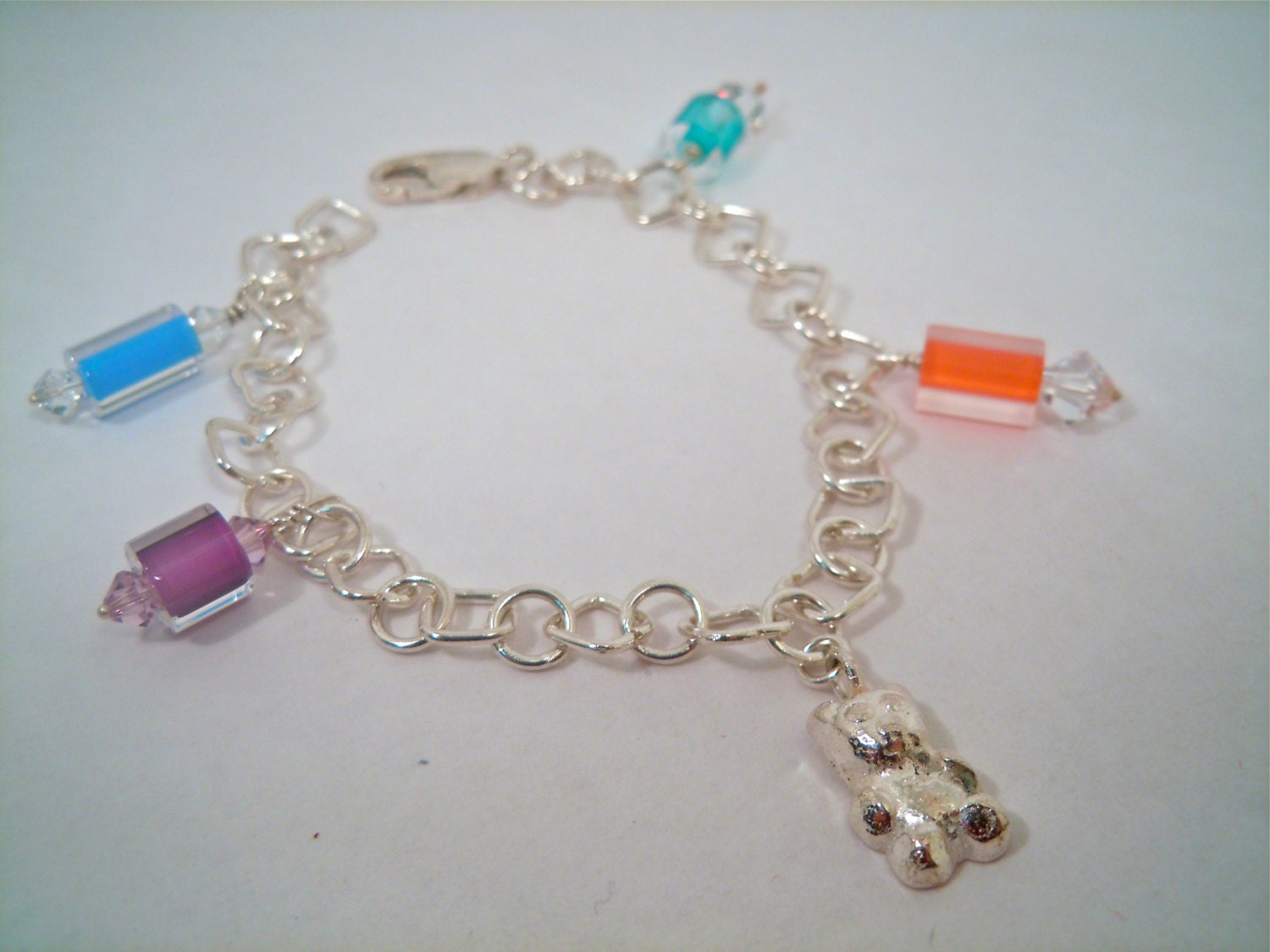 SALE - Gummy Bear, Teddy Bear Charm Bracelet in Sterling Silver with Blown Glass Beads
