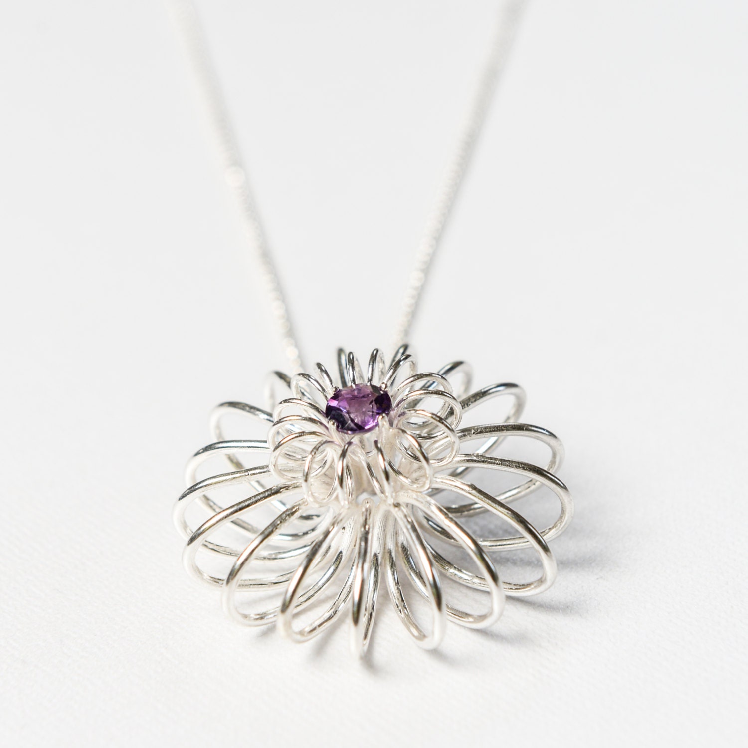 Flower Bloom Spiral Pendant with Amethyst in Sterling SIlver