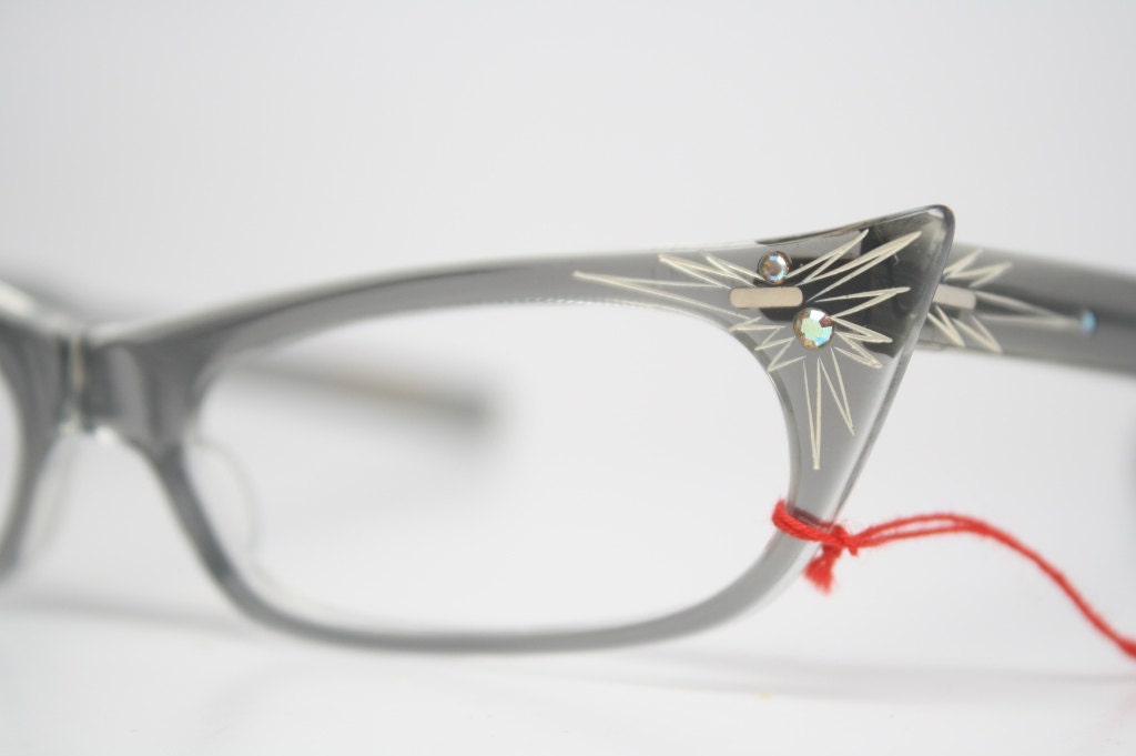 Gray Cateye Glasses NOS Rhinestone cat eye Vintage eyeglasses