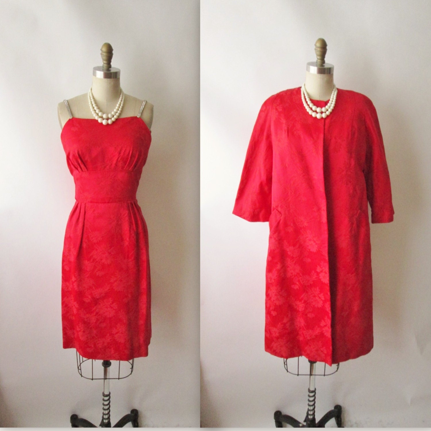 50's Cocktail Dress Set  // Vintage 1960's Red Floral Brocade Fitted Cocktail Party Wiggle Dress Jacket Ensemble S M