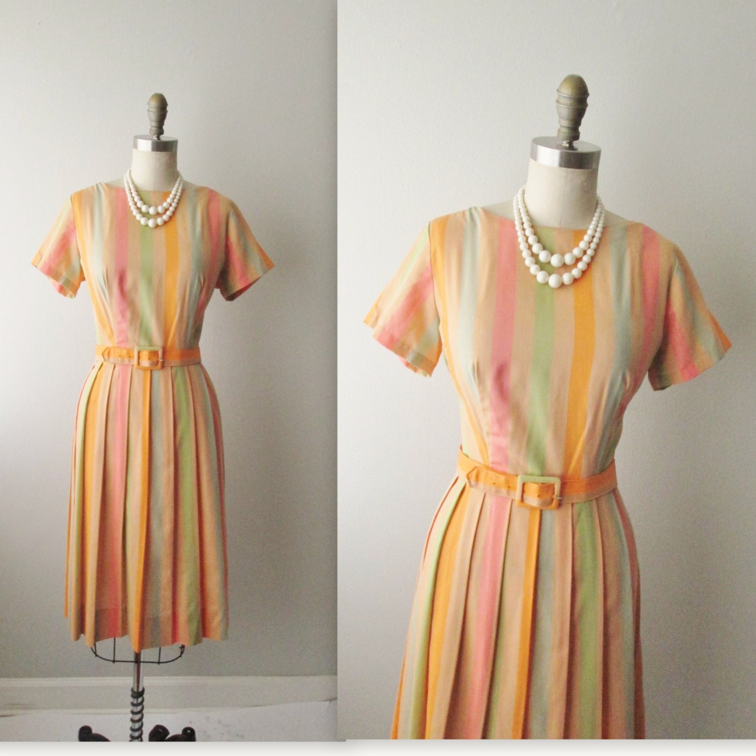 50s Striped Dress // Vintage 1960s Striped Cotton Full Garden Party Mad Men Dress M