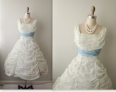 50s Wedding Dress // Vintage 1950's Flocked Chiffon White Floral Prom Wedding Gown XS