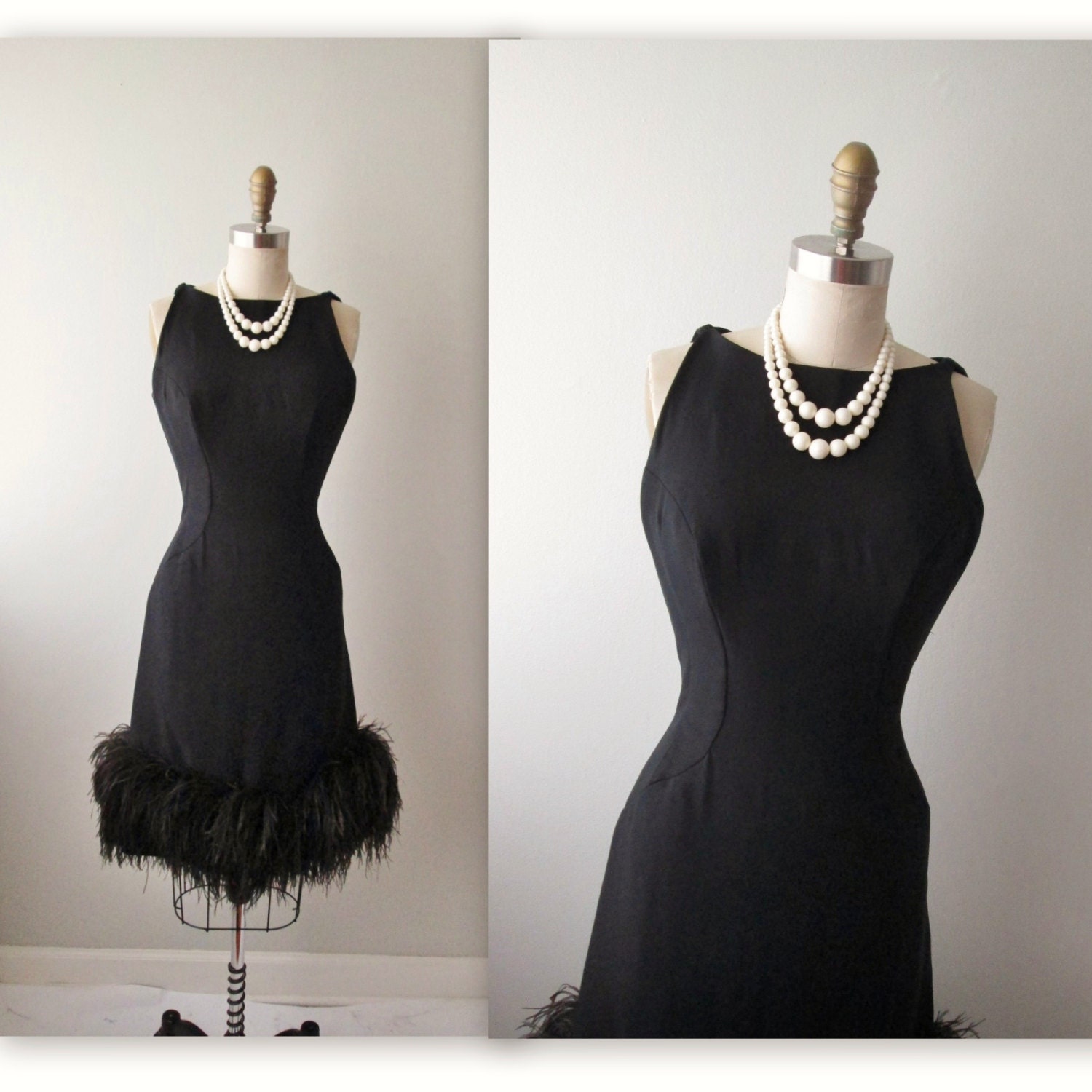 50s Cocktail Dress // Vintage 1950's Ostrich Feather Fitted Black Cocktail Party Wiggle Dress S