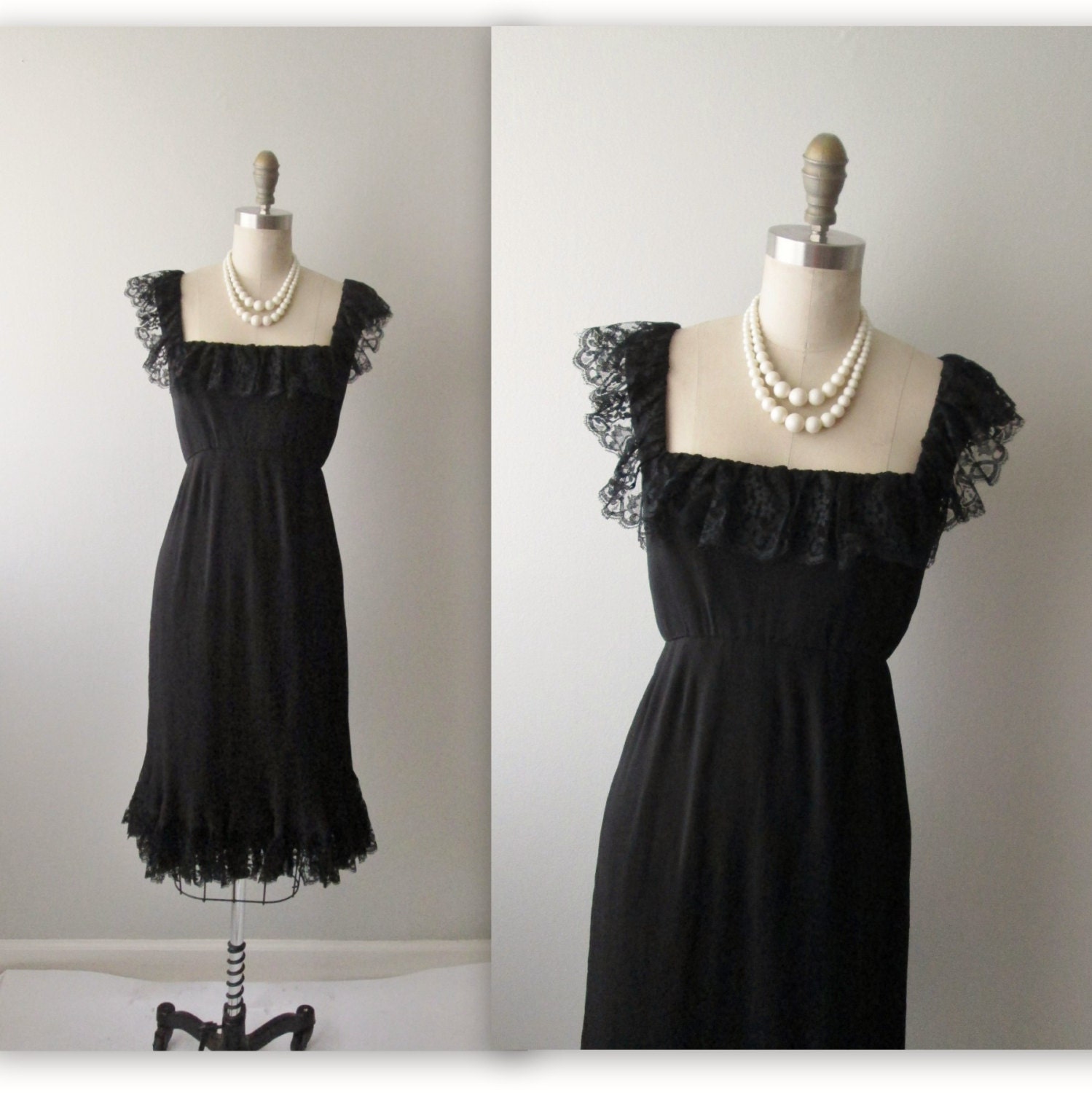 50's Cocktail Dress // Vintage 1950's Black Chiffon Lace Fitted Cocktail Party Dress M L