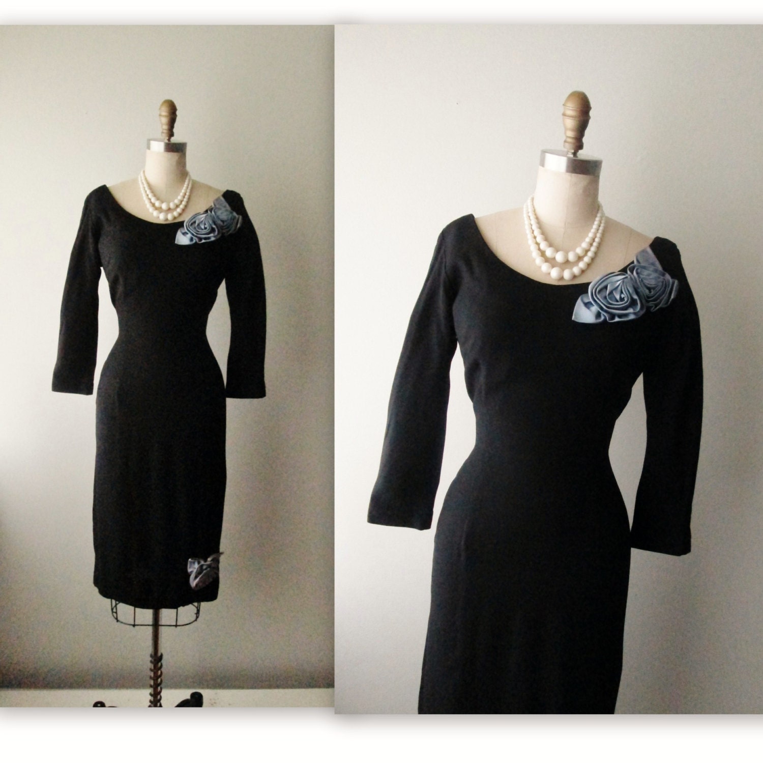 50's Cocktail Dress  // Vintage 1950's Black Rose Fitted Hourglass Cocktail Party Dress S