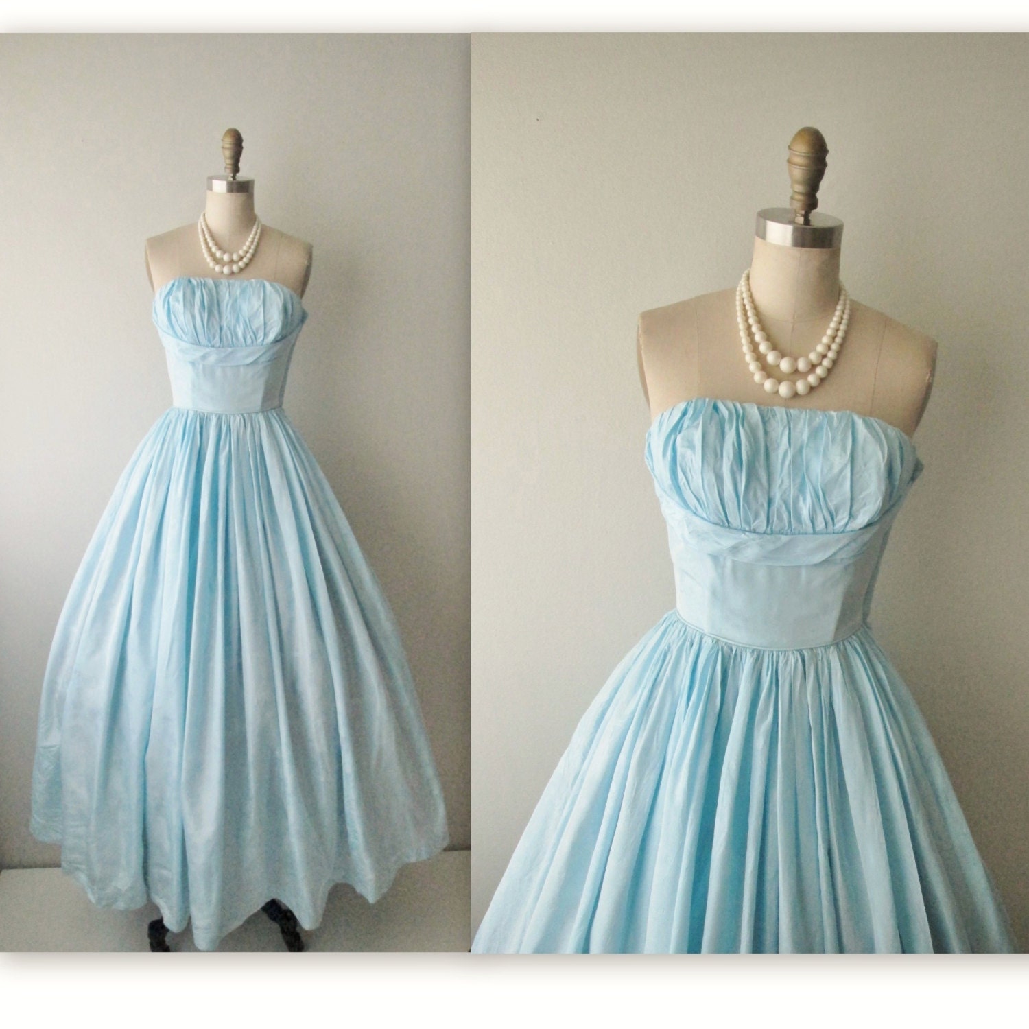 50s Prom Dress // Vintage 1950's Strapless Aqua Brocade Wedding Party Prom Dress Gown XS