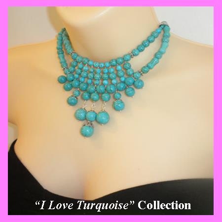 SALE-Blue turquoise necklace, bib, statement, big, bold, handwired, chunky, gift idea, beaded, unique, chocker, natural stone, silver