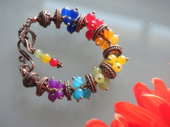 Rainbow Chakra bracelet, vintage style, multi stone, handwired, handmade, multi color, cluster, natural gemstone, copper