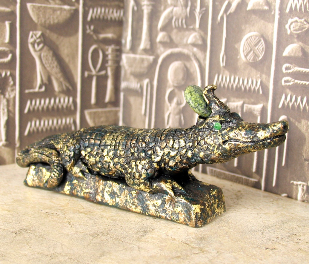 Sobek the Crocodile - Nile God of Protection and Strength - Handmade and Hand Painted Egyptian Votive Statue - Kemetic Altar