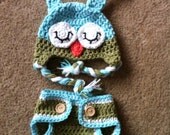 Newborn Owl Hat and Diaper Cover Crochet Sleepy Owl Photography prop