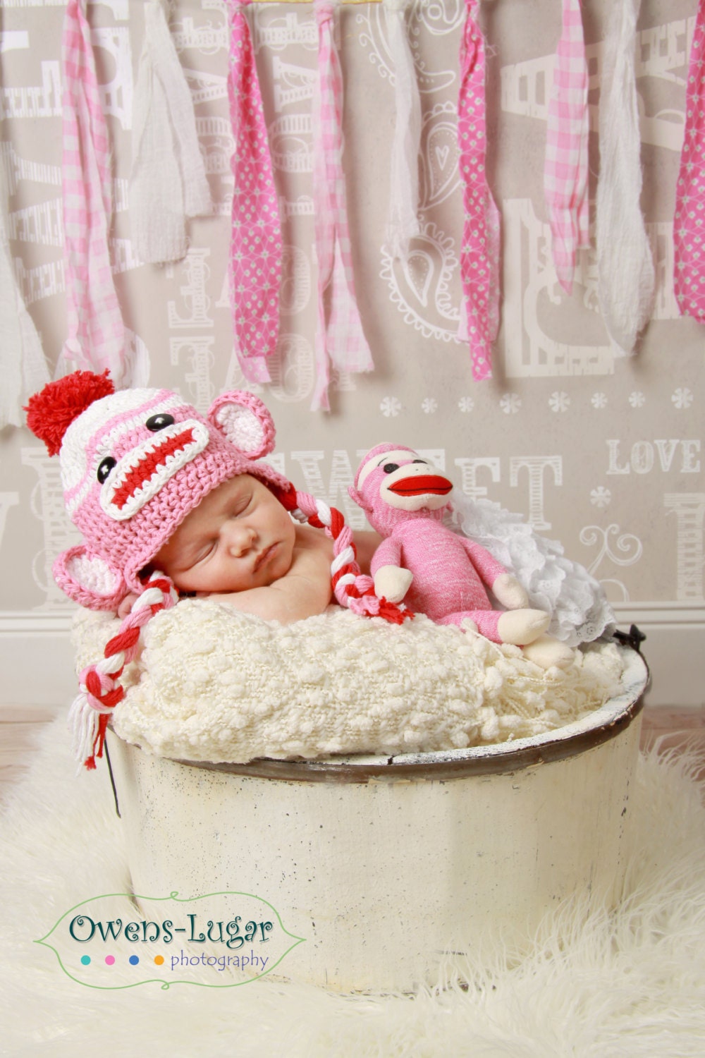 Crochet Pink and Red Sock  Monkey Hat  Newborn to Toddler sizing  Photography prop