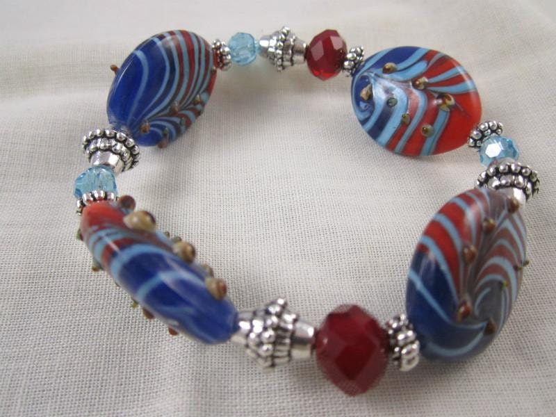 Lampwork Bracelet Red Blue Oval Swirled Beads Crystals