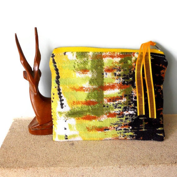 Retro Purse, 50s 50s  Vintage Fabric Barkcloth , Black and Lime Green