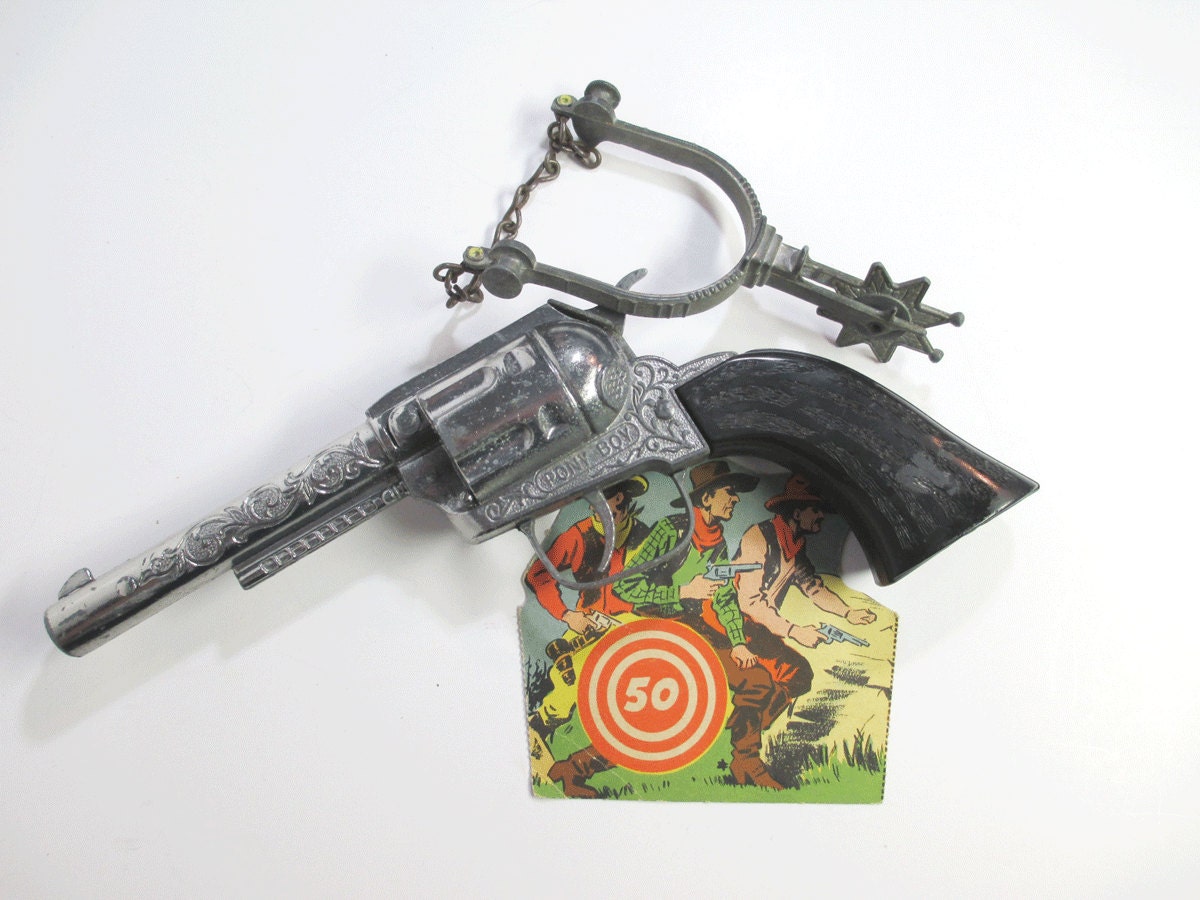 Vintage Pony Boy Toy Cap Gun Plus Metal Spur and Cowboy Paper Ephemera - Cowboy Instant Collection