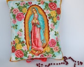 Our Lady of Guadalupe  Multi Colored Floral Pillow -  Mother of Mexico - Rosary - Rhinestones