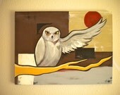 Owl and the blood moon original acrylic painting 18 x 24 canvas