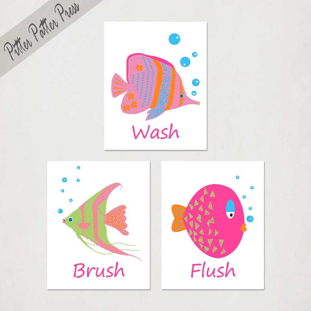 Kids Bathroom Art, Wash Your Hands, Flush, Brush, Funny fish, Set of Three Prints, Boy's or Girl's Pink Orange Green Set, size 8X10