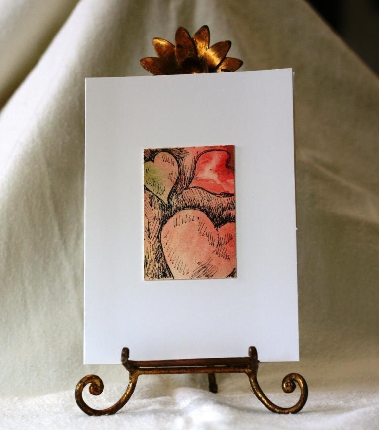 Romantic Valentine heart note card original watercolor art OOAK pen and ink blank stationery red anniversary love