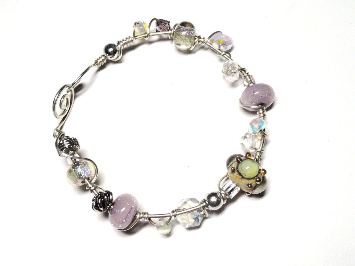 English Garden Rose & Green Lamp Work Bead Sterling Silver Bracelet Wire Wrapped