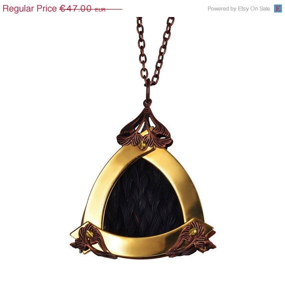 Spring Sale - 10 % OFF - Taxidermy Necklace - 24K Gold Plated - Triangle Medallion with Genuine Mongolian Black Braided Horsetail Hair - Fr