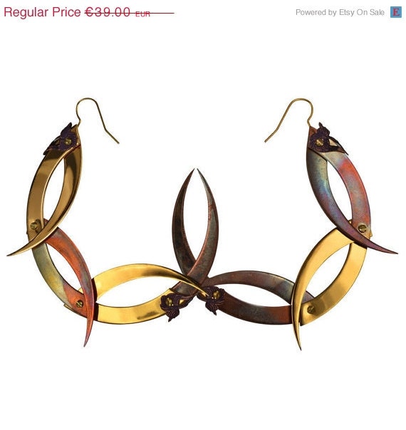 Spring Sale - 10 % OFF - Wicked Large Thistle Thorn Crown Hoop Earrings - 24K Gold Plated - Antiqued Copper Filigrees and Industrial Brass