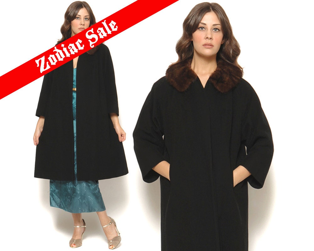 60s Swing Coat Black Wool Brown Mink Fur Collar Fall Winter Overcoat / Mod Retro Classic / One Size OS S M L