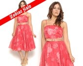50s Swing Dress Bright Pink Watercolor Floral Rose Print 1950s Retro Day Dress Sheer Silk Circle Skirt Mad Men Rockabilly / Size S Small