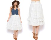 Gunne Sax Skirt White Lace Tiered Lace Up Corset Waist Sheer Gauze 1970s Hippie Prairie Skirt High Waisted Midi / Size S Small