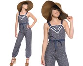70s Playsuit Calico Floral Navy Blue Lace Harem Jumpsuit ROSES 1970s Boho Button Up High Waisted Hippie Onesie Summer / Size S Small