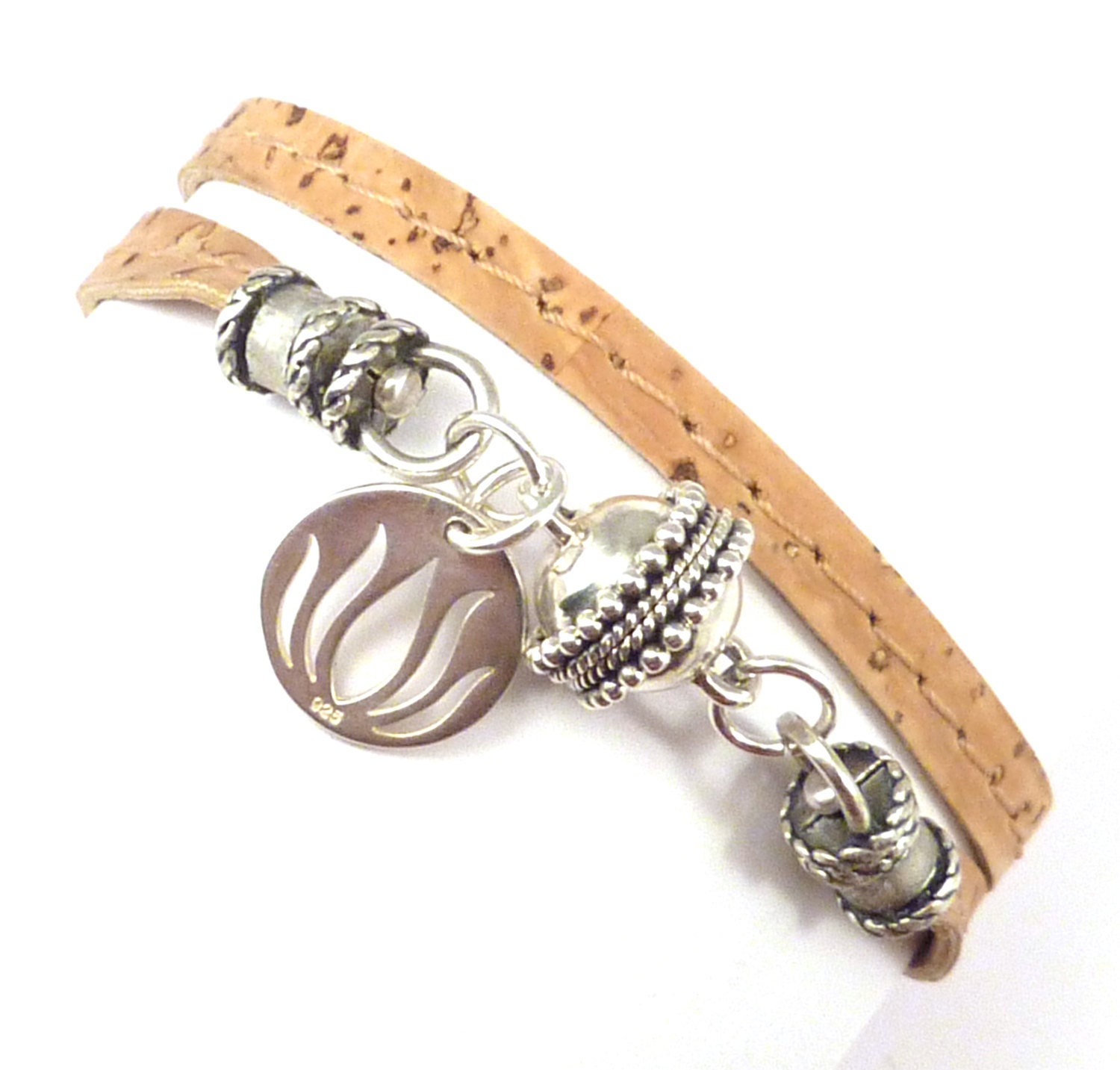 Cork Wrap Bracelet with Sterling Lotus Charm, vegan jewelry, yoga jewelry, yoga bracelet, eco friendly