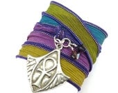 Silk Wrap Bracelet with Egyptian Ankh Charm, silk ribbon bracelet, wrap bracelet, ribbon bracelet