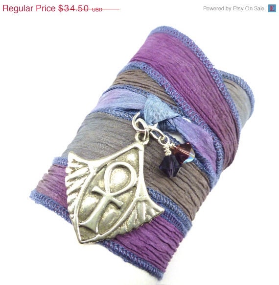 BIRTHDAY SALE Silk Wrap Bracelet with Egyptian Ankh Charm, silk ribbon bracelet, wrap bracelet, ribbon bracelet