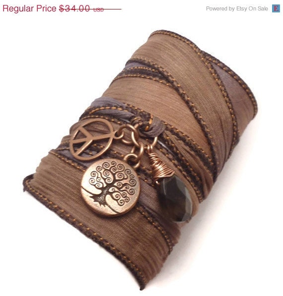 Silk Wrap Bracelet with Tree of Life, Peace Sign, and Smoky Quartz, yoga jewelry, wrapped wrapping bracelet, wrap around,wrist wrap