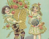 Huge Basket of Flowers and Children on vintage Birthday Postcard
