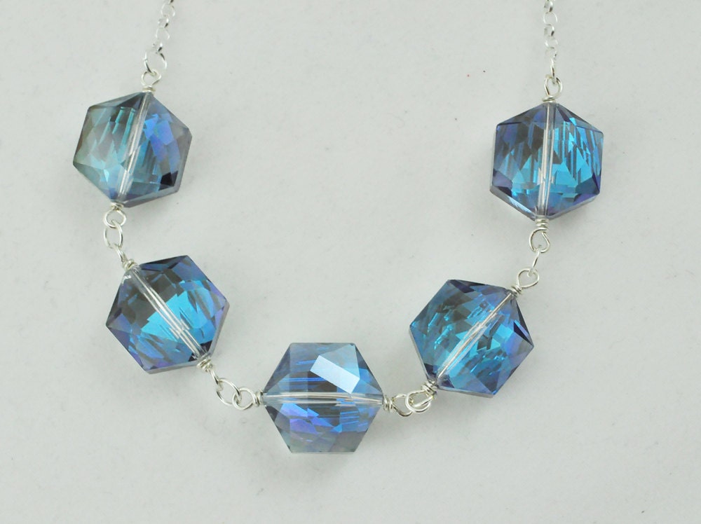 Geometric Necklace, Faceted Glass Beaded Necklace, Sterling Silver Fashion Jewelry, Montana Sapphire Iridescent  Blue, Geometric Jewelry