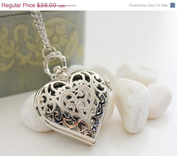 SALE Open My Heart. Silver Heart-shaped Pocket Watch Necklace (PW-31)