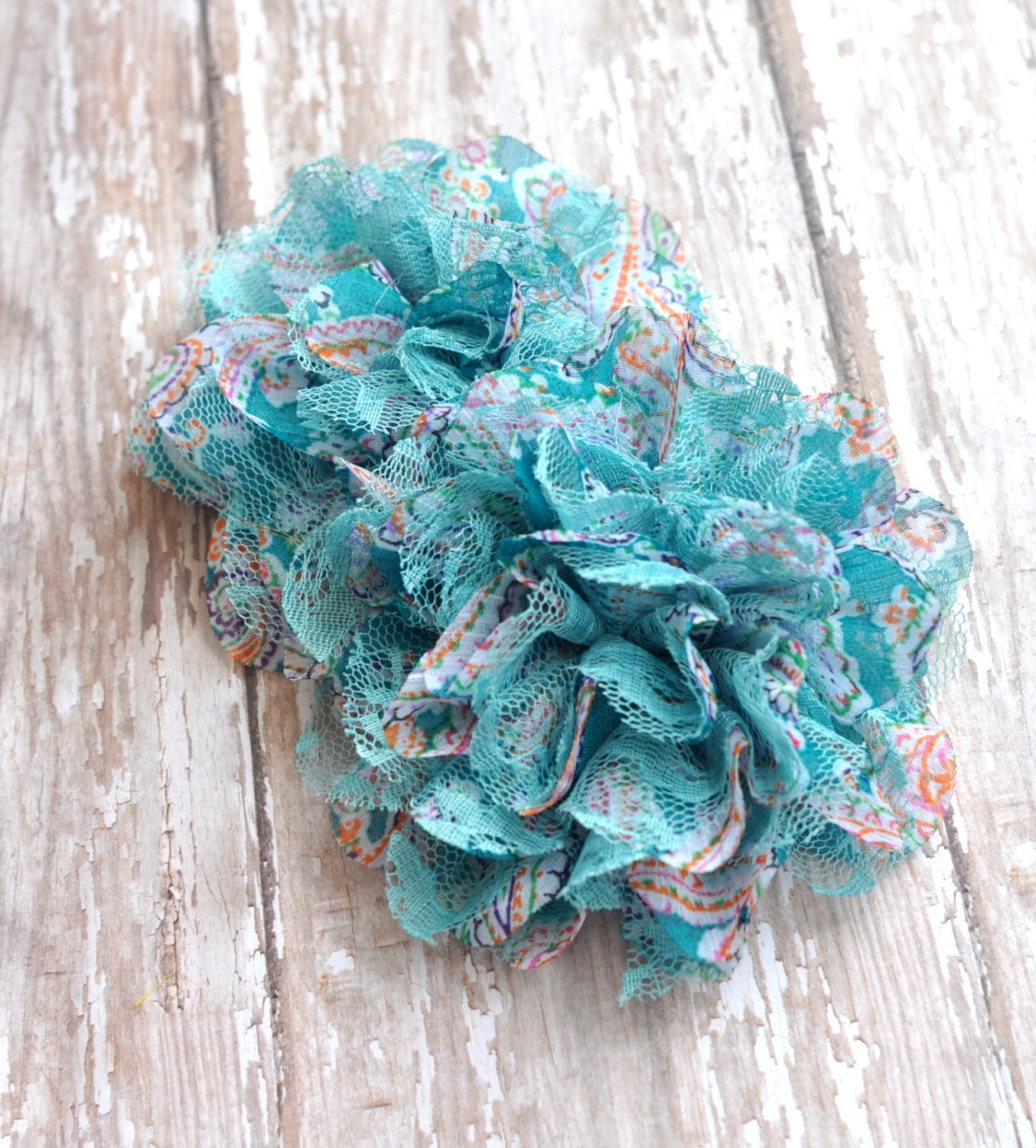 Shabby Shredded Lace Flowers-Set of Two-Teal Floral