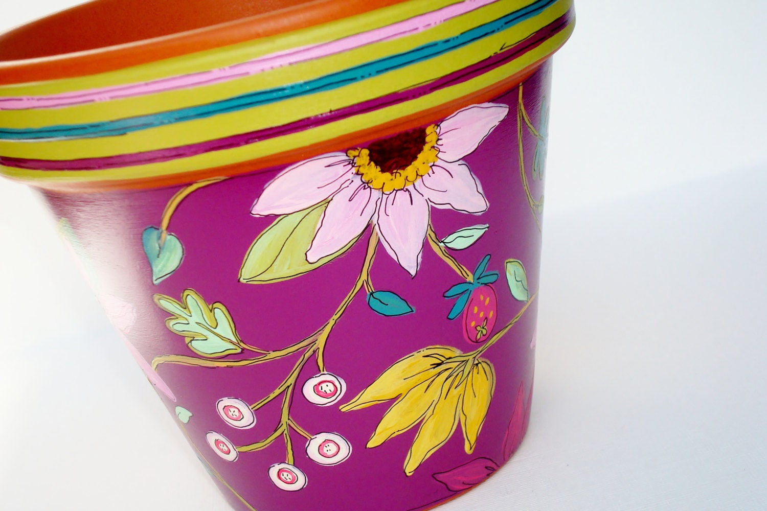 Hand Painted Flower Pot Terracotta 6 Inch "Berry Delight"-  Made to Order
