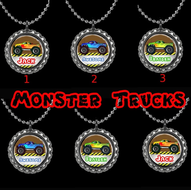 Boys Party Favors Personalized Monster Truck Party Pack of SIX Pendant Necklaces or Zipper Pulls