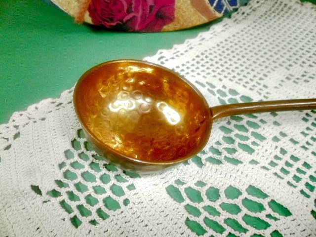 Vintage Hammered Copper Ladle, Old Copper Ladle Utensil, Wood Handle, Kitchen Decor, Kitchen Wall Hanging