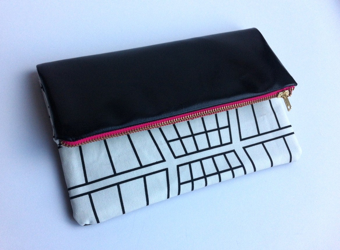 Limited edition multi style leather clutch bag with monochrome print fabric, small