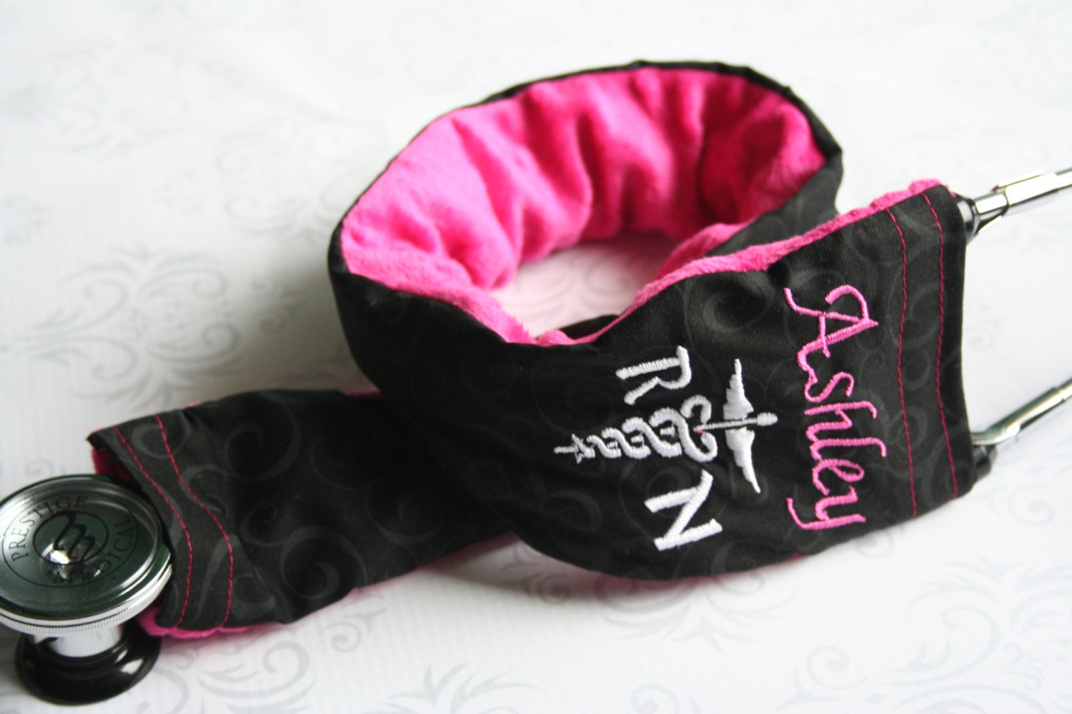 Embroidered RN Stethoscope Cover - Registered Nurse - Black Scroll with Fushia- Made to Order
