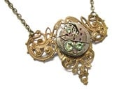 Steampunk Necklace Antiqued Brass Victorian Filigree Charm Finished with A GORGEOUS Jeweled Watch Movement -by Mechanique Steampunk