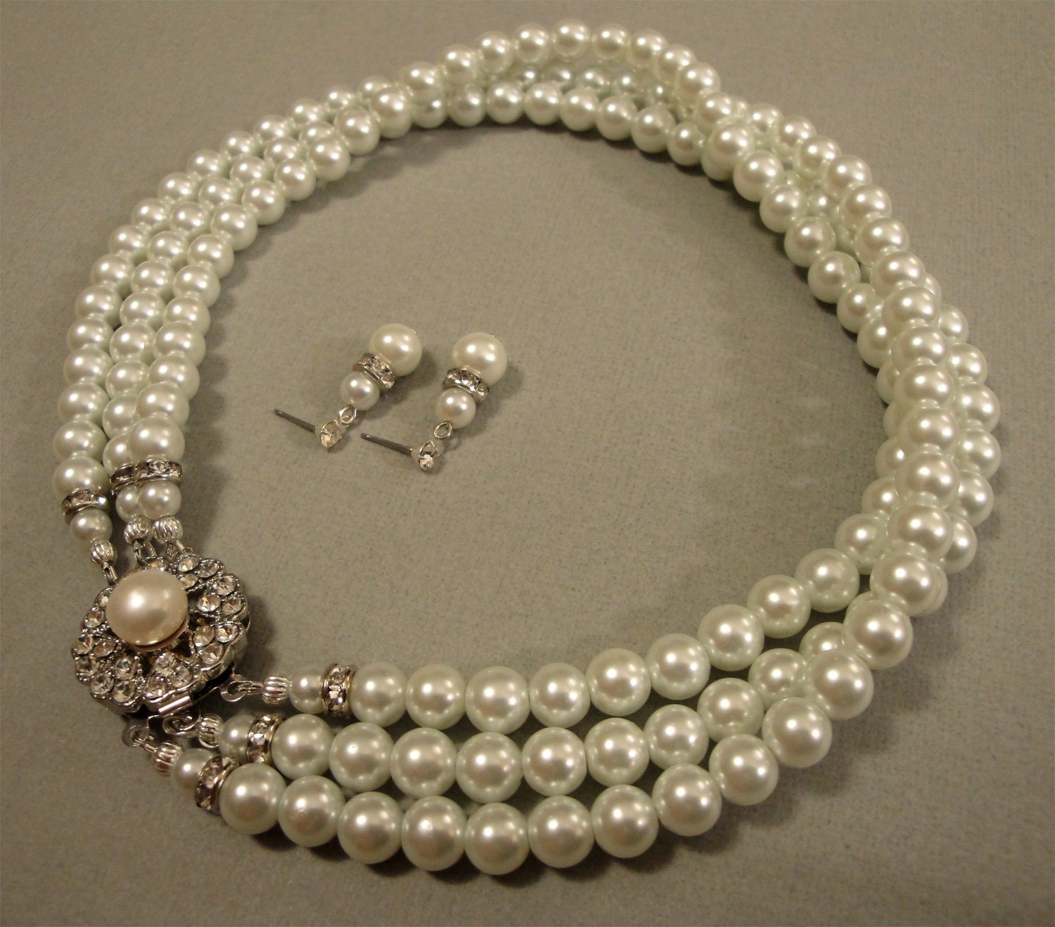 Bridal Pearl Necklace Set vintage style like Jackie O -- Multi Strand of glass pearls in white perfect glamorous wedding jewelry