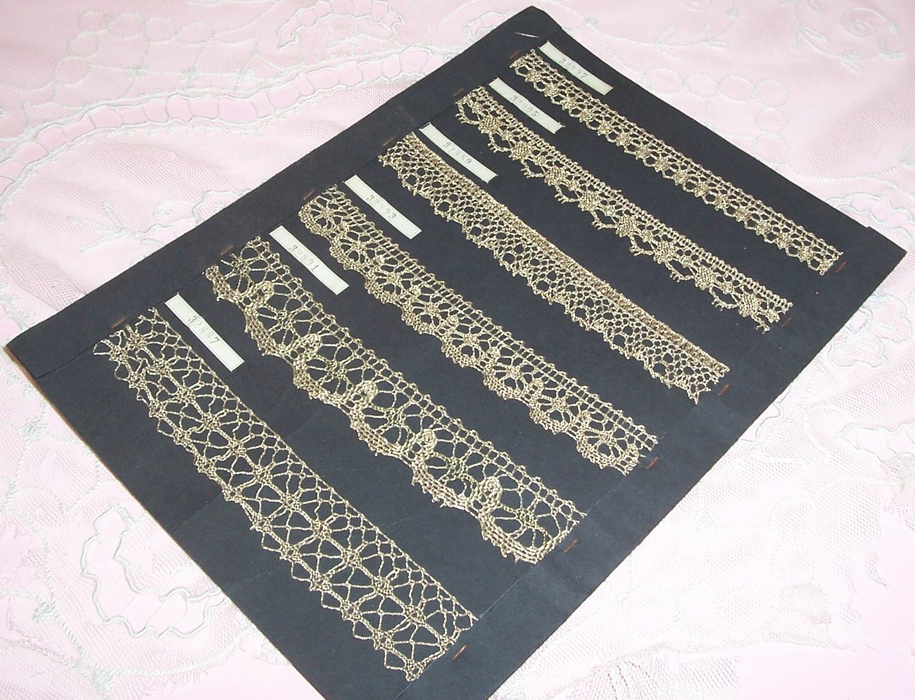 ANTIQUE, French Gold Metallic Lame' Lace Sample Card...6 styles